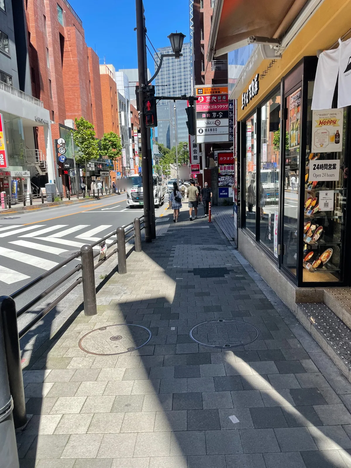 石畳の歩道。左に車道と横断歩道、右に路面店が並ぶ