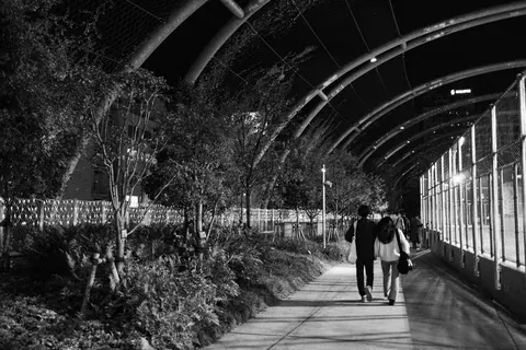 夜の街路を並んで歩く二人の後ろ姿のモノクロ写真