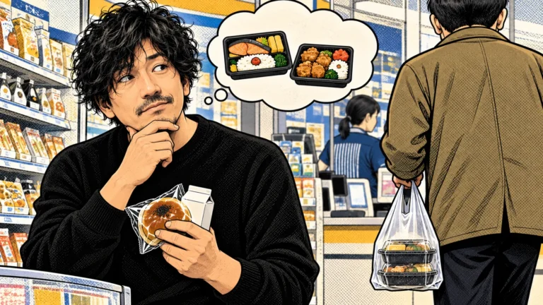黒いパーマとひげの森田を基にしたキャラクターが、片手にあんぱんと牛乳を持ち、弁当二つを買った人を見て考えるアメコミ風イラスト