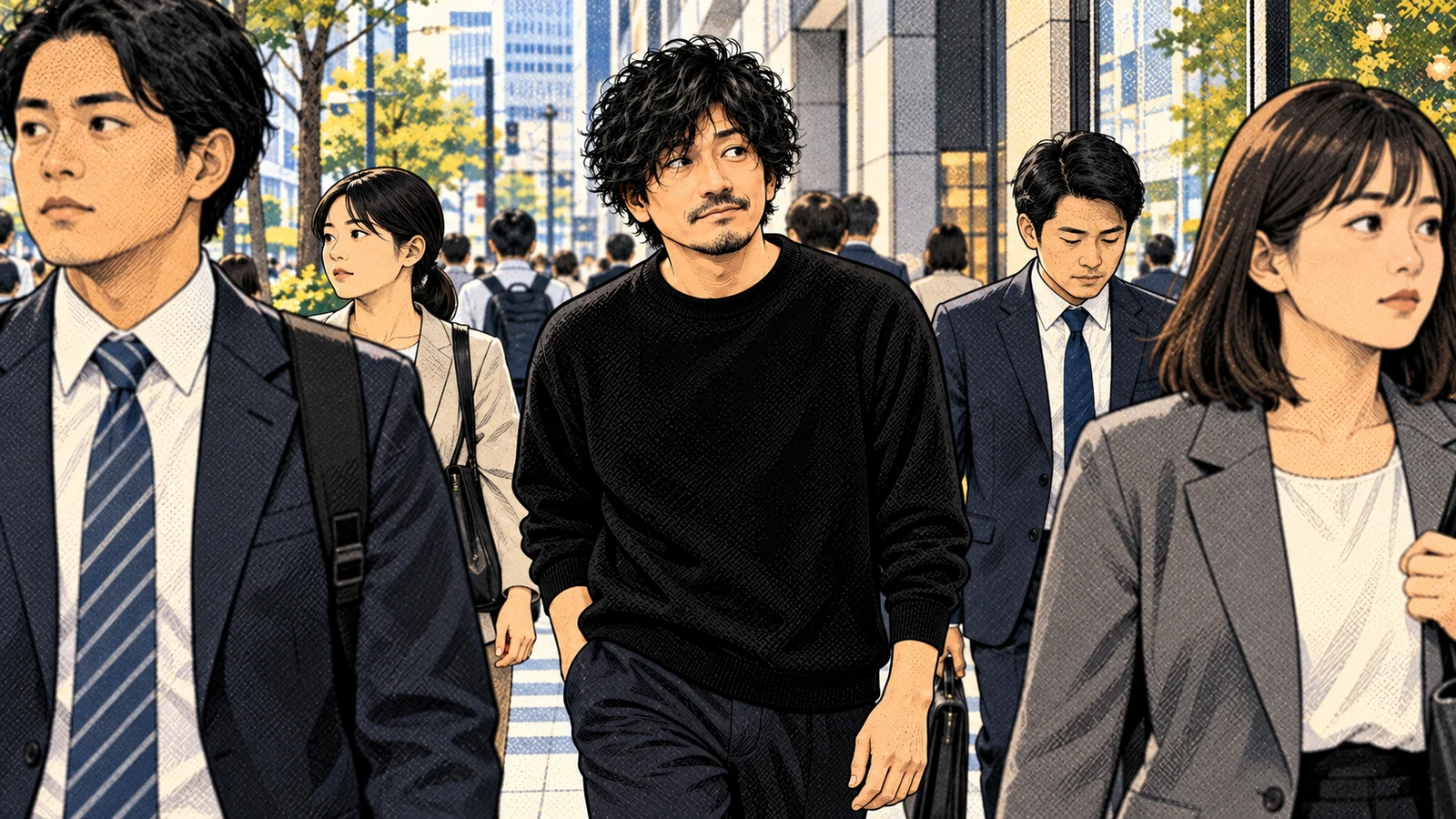 黒いパーマとひげ、黒い服の森田を基にしたキャラクターが、東京の街で通勤する人たちにまぎれて歩くアメコミ風イラスト