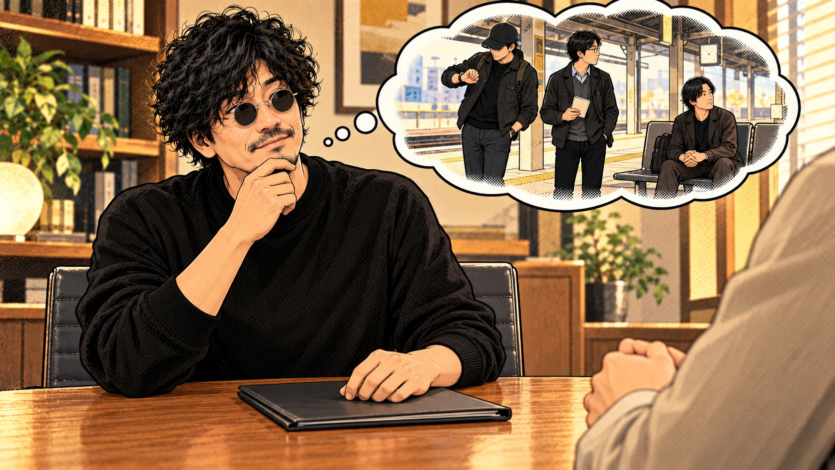 相談を聞く森田と、頭の中では駅で待っている三人の調査員を描いた思考吹き出し