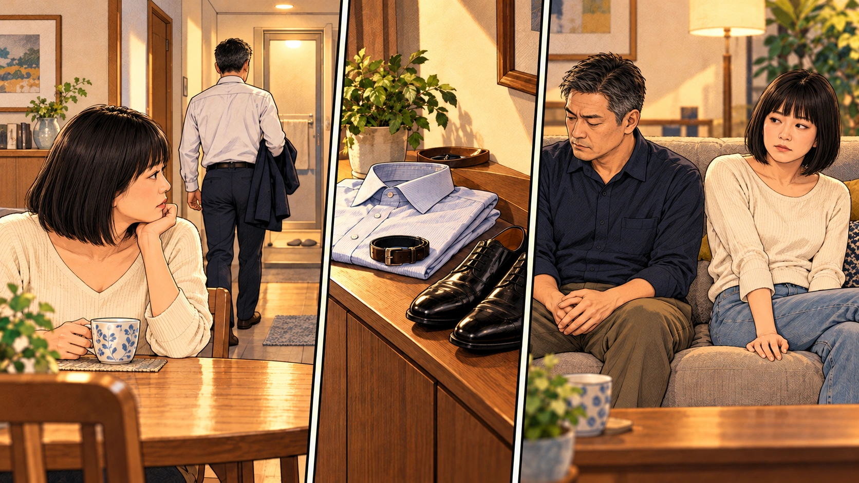 帰宅後に浴室へ向かう男性を見つめる女性、服と靴、視線をそらして座る夫婦を3コマで描いたアメコミ風イラスト。
