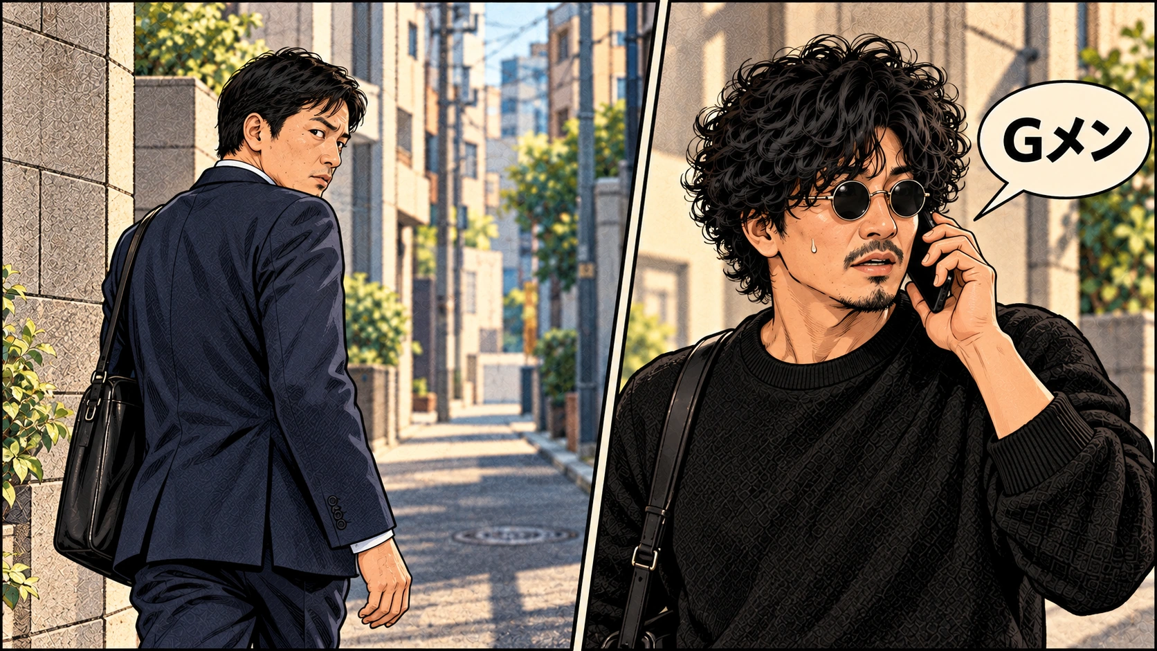 路地で後ろを振り返る男性と、電話で「Gメン」と伝える森田を左右2コマで描いたアメコミ風イラスト。