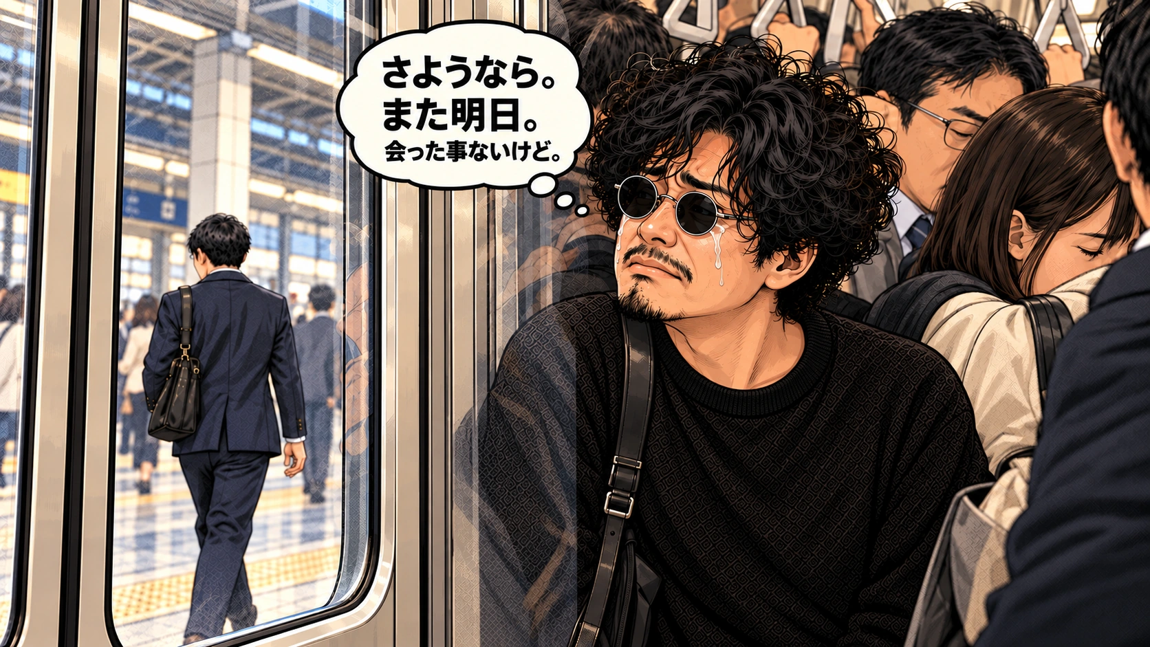 満員電車の閉じたドア越しに、ホームを歩き去る男性を見ながら静かに涙を流す森田。「さようなら。また明日。会った事ないけど。」と考えるアメコミ風イラスト。