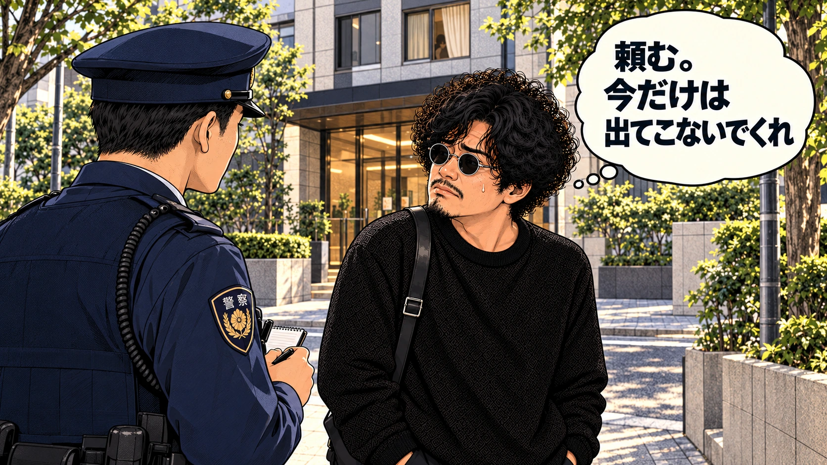 マンションの出入口を気にしながら警察官に応じる森田。「頼む。今だけは出てこないでくれ」と心の中で願うアメコミ風イラスト。